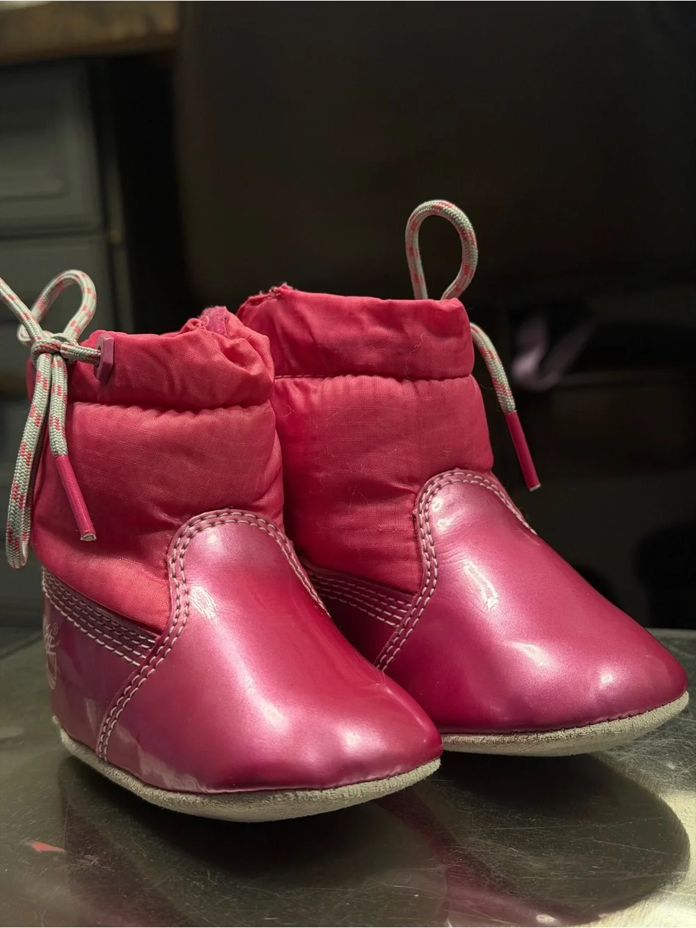 Timberland Pink Leather Ankle Booties Size 1 Fur Lined Draw Cord